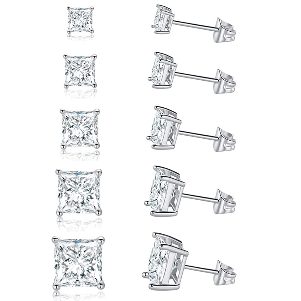 18K White/Yellow Gold Plated Stud Earrings for Women Mens Princess Cut Brilliant Cubic Zirconia Earrings Nickel Free and Hypoallergenic Ear Studs