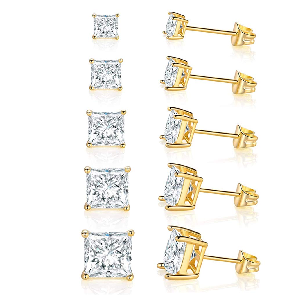 18K White/Yellow Gold Plated Stud Earrings for Women Mens Princess Cut Brilliant Cubic Zirconia Earrings Nickel Free and Hypoallergenic Ear Studs