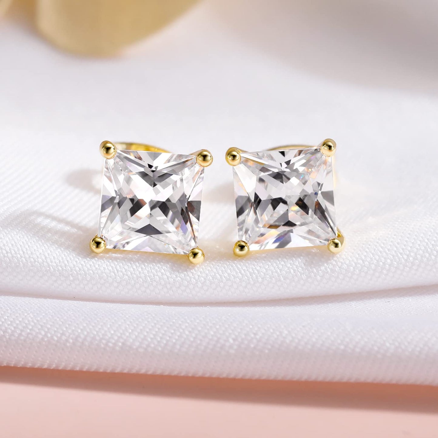 18K White/Yellow Gold Plated Stud Earrings for Women Mens Princess Cut Brilliant Cubic Zirconia Earrings Nickel Free and Hypoallergenic Ear Studs