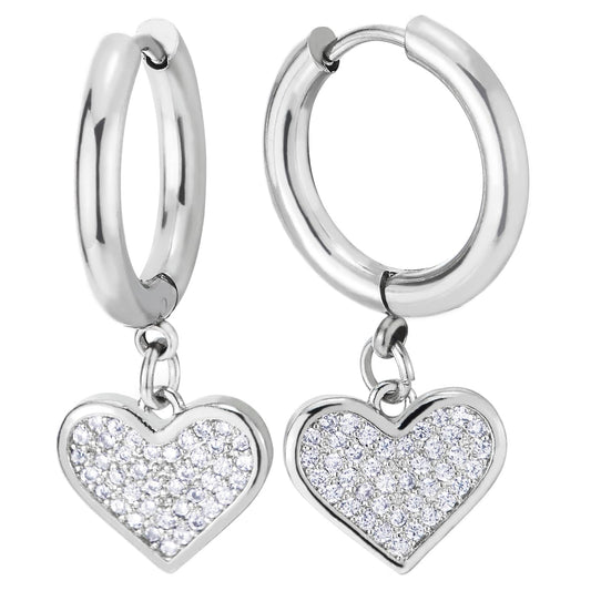 Dangling Cubic Zirconia Pave Heart Hoop Earrings, Steel Earrings Huggie Hinged, Metal, Cubic Zirconia