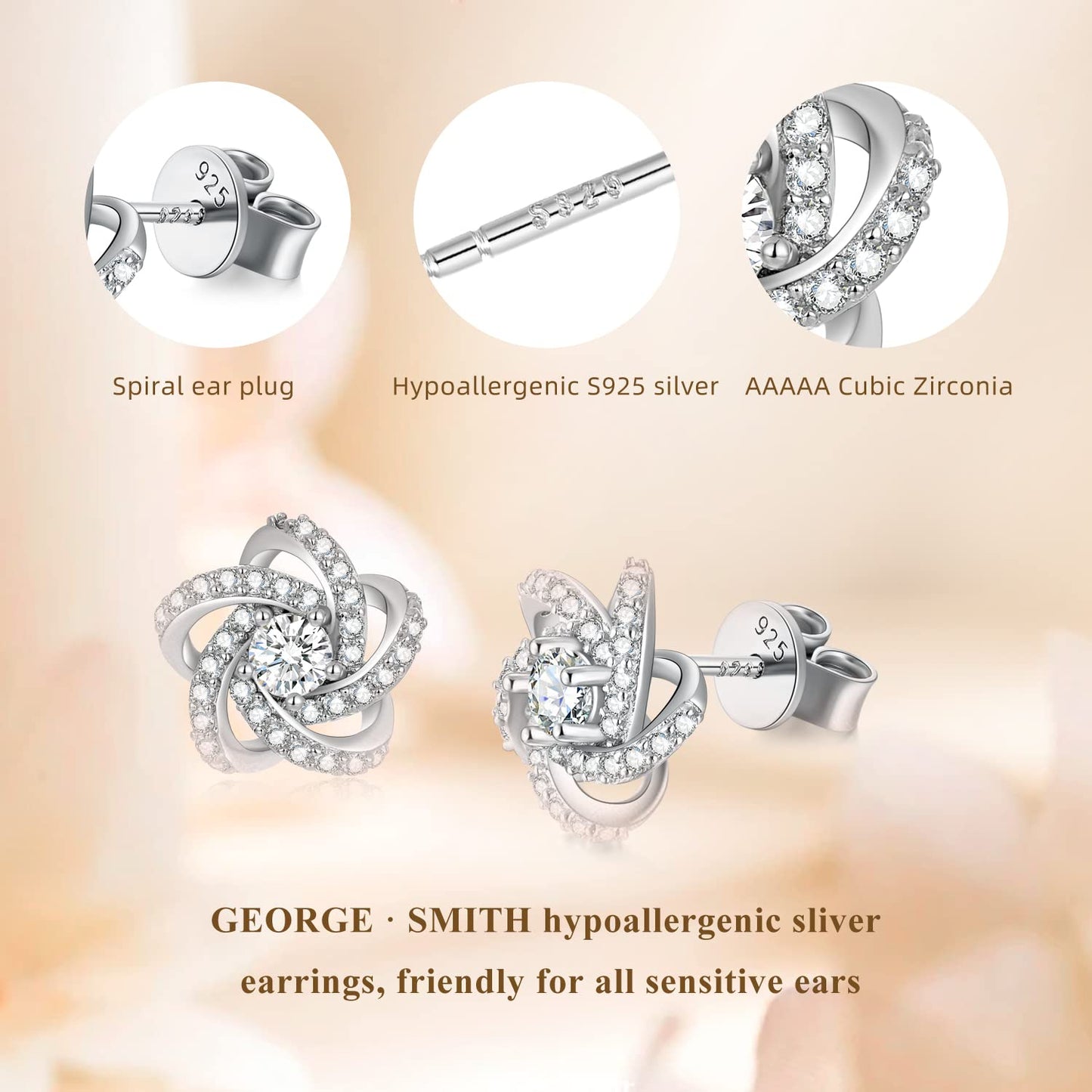 GEORGE · SMITH Earrings for Women, 925 Sterling Silver Flower Stud Earrings Hypoallergenic Silver Earrings, 5A CZ Earrings Christmas Day Gifts for Her-10 * 10mm