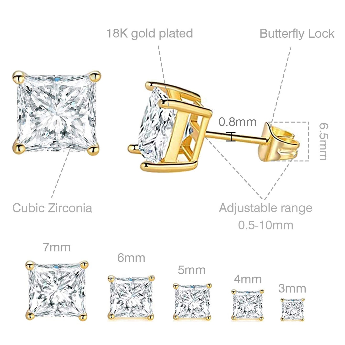 18K White/Yellow Gold Plated Stud Earrings for Women Mens Princess Cut Brilliant Cubic Zirconia Earrings Nickel Free and Hypoallergenic Ear Studs