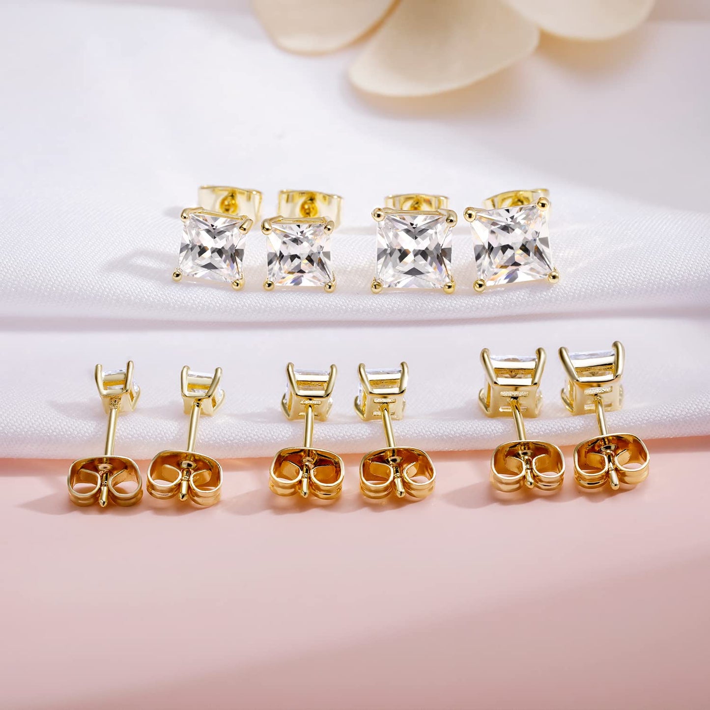 18K White/Yellow Gold Plated Stud Earrings for Women Mens Princess Cut Brilliant Cubic Zirconia Earrings Nickel Free and Hypoallergenic Ear Studs