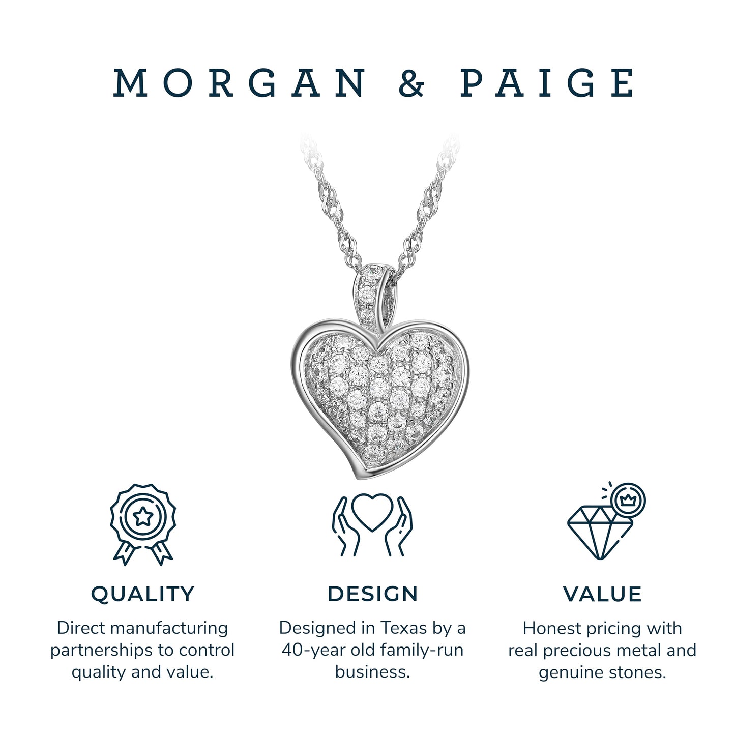 MORGAN & PAIGE 925 Sterling Silver Cubic Zirconia Pave Heart Stud Earrings or Pendant Necklace