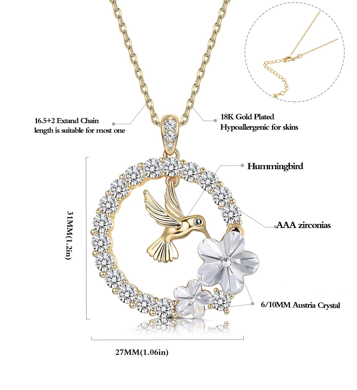 Sllaiss 18K Gold Plated Hummingbird Pendant Necklace for Women Circle Necklace, Animal Necklace Crystals from Austria,Jewelry Gifts for Christmas