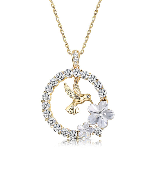 Sllaiss 18K Gold Plated Hummingbird Pendant Necklace for Women Circle Necklace, Animal Necklace Crystals from Austria,Jewelry Gifts for Christmas